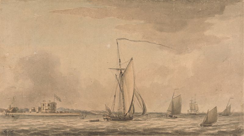 Shipping in the Solent off Calshot Castle, oil on canvas by Dominic Serres, depicting ships on water under sunlight.