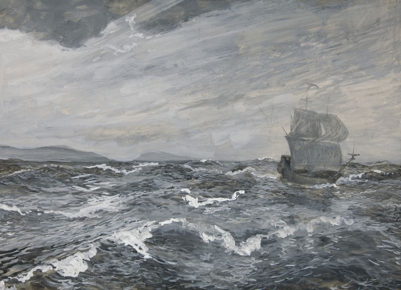 Seascape with sailing boat de Edwin Austin Abbey, pintura al óleo que muestra la luz del sol sobre las olas