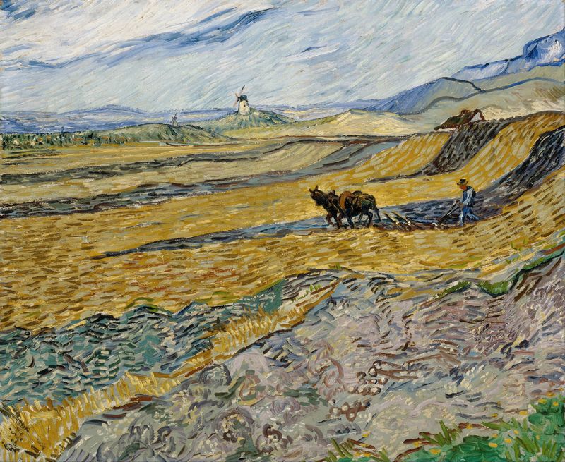 Enclosed Field with Ploughman de Vincent van Gogh, óleo sobre lienzo, presenta a un labrador en un campo vibrante.