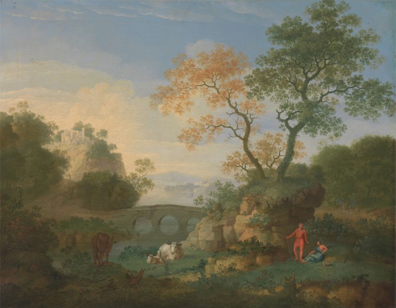 Uma paisagem com ruínas clássicas distantes, uma ponte, figuras e gado, óleo sobre tela de William Smith