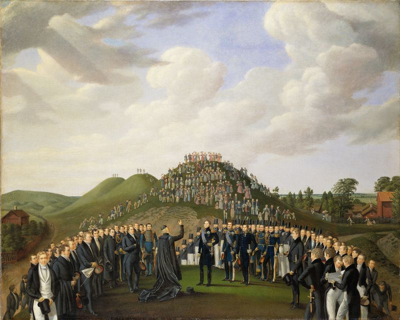 Escena histórica del rey Carl XIV Johan en Uppsala, pintura al óleo de Johan Way