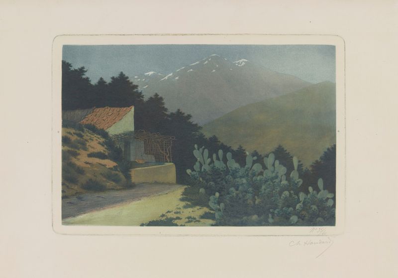 Landscape depicting mountains in vibrant colors by Charles-Louis Houdard, oil painting
