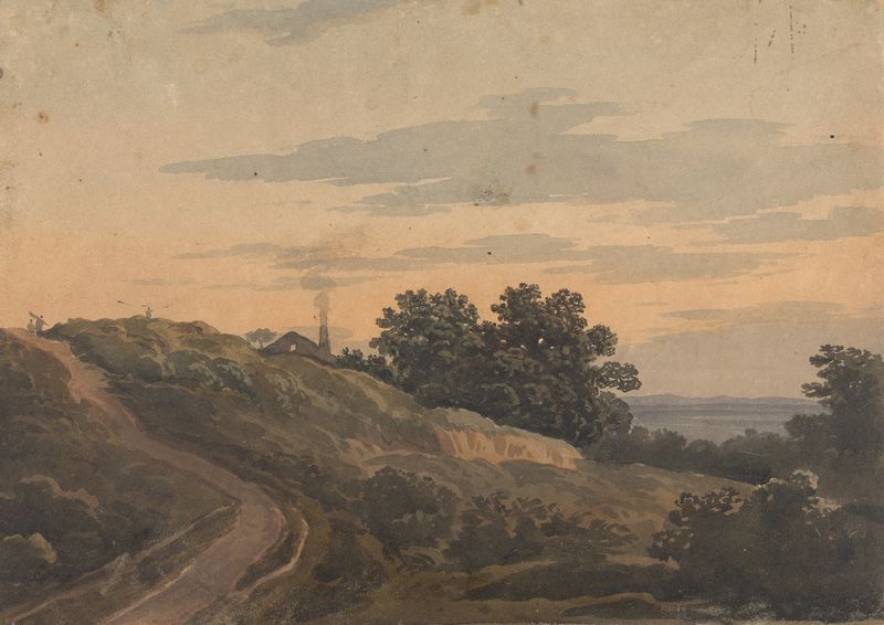 Paisaje montañoso con casa, camino y figuras de Thomas Sully, pintura al óleo