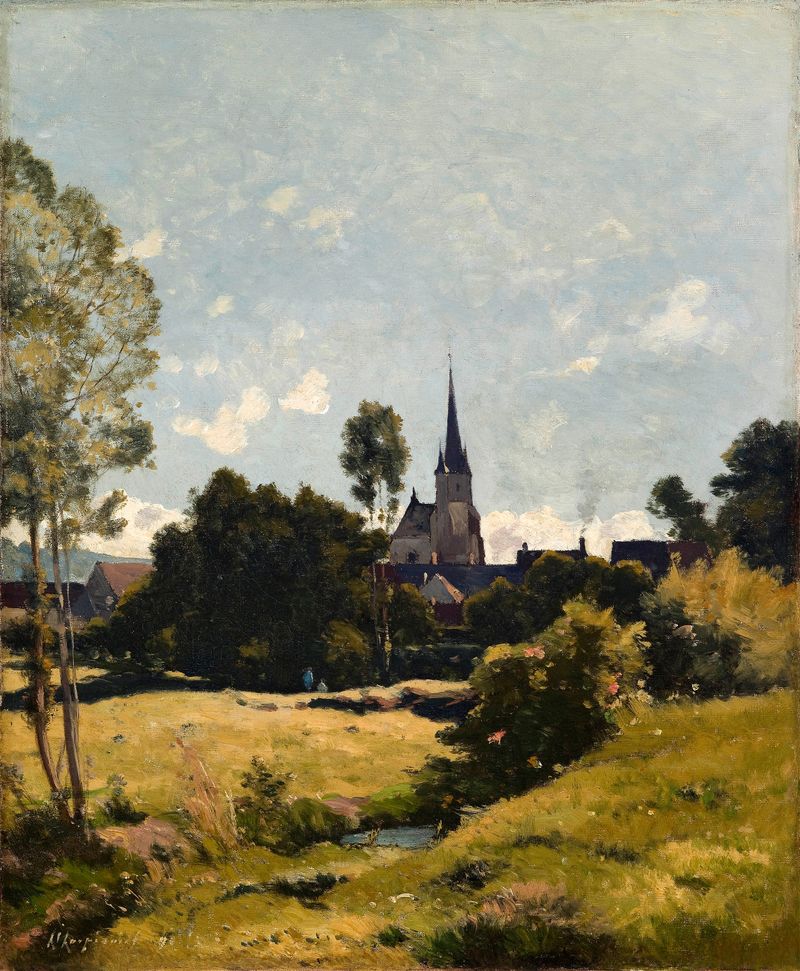 La Iglesia del Pueblo de Henri-Joseph Harpignies, óleo sobre lienzo mostrando una iglesia rodeada de vegetación.