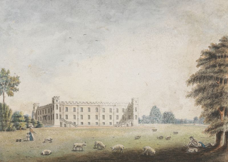 Syon House de William Beilby, una pintura al óleo atmosférica que representa arquitectura y luz.