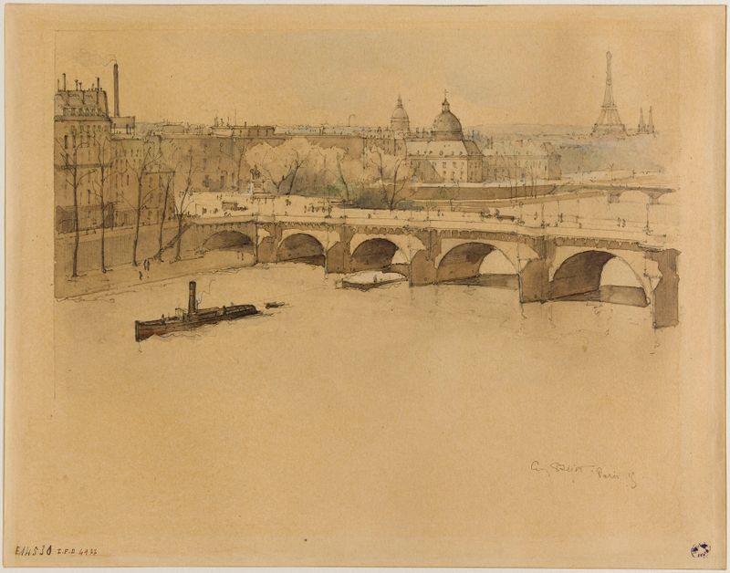 Le Pont-Neuf, grand bras de la Seine by Eugène Béjot, oil on canvas depicting shimmering waters and a bridge.