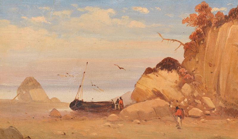 Cena marinha com pescadores na costa, pintura a óleo de Carl Blechen