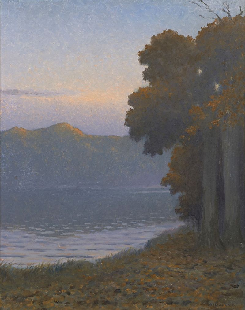 Le soir sur l’étang by Alphonse Osbert, oil painting depicting twilight reflections on water.