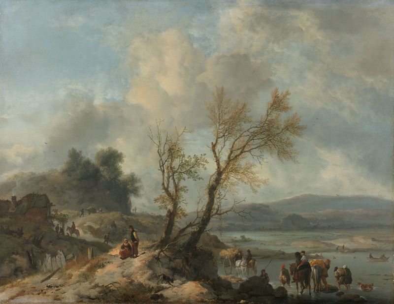 Landscape with sandy path beside a river, óleo sobre tela de Philips Wouwerman