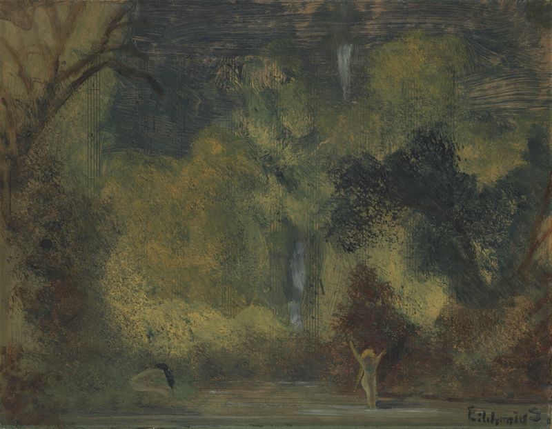 The Pool by Louis Michel Eilshemius, oil on canvas, depicting a tranquil landscape with water reflections.