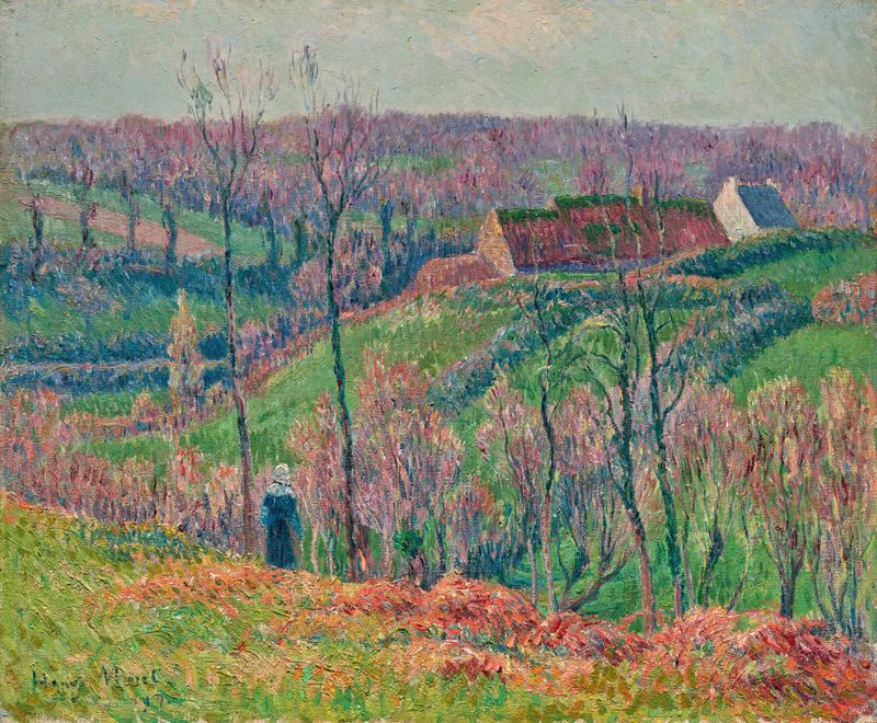 Pintura al óleo de Henry Moret que representa un río y campos bajo un dosel de hojas.