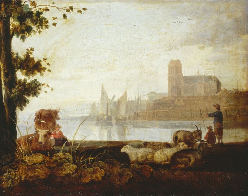Pintura al óleo de Aelbert Cuyp que representa el río Maas al atardecer.