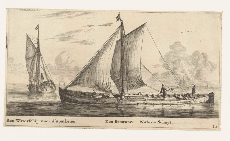 Dois barcos em água calma, gravura de Reinier Nooms
