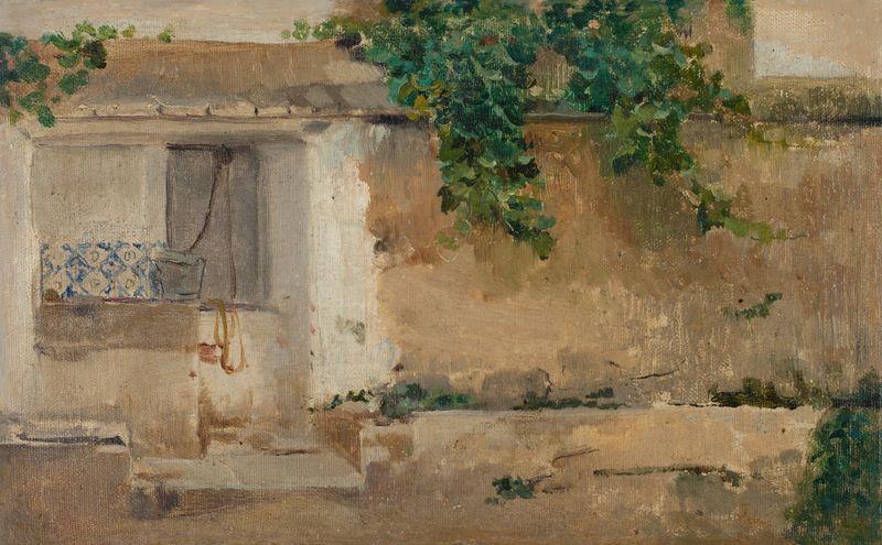 Alquería Valenciana de Joaquín Sorolla, óleo sobre tela que retrata uma casa de campo iluminada pelo sol.