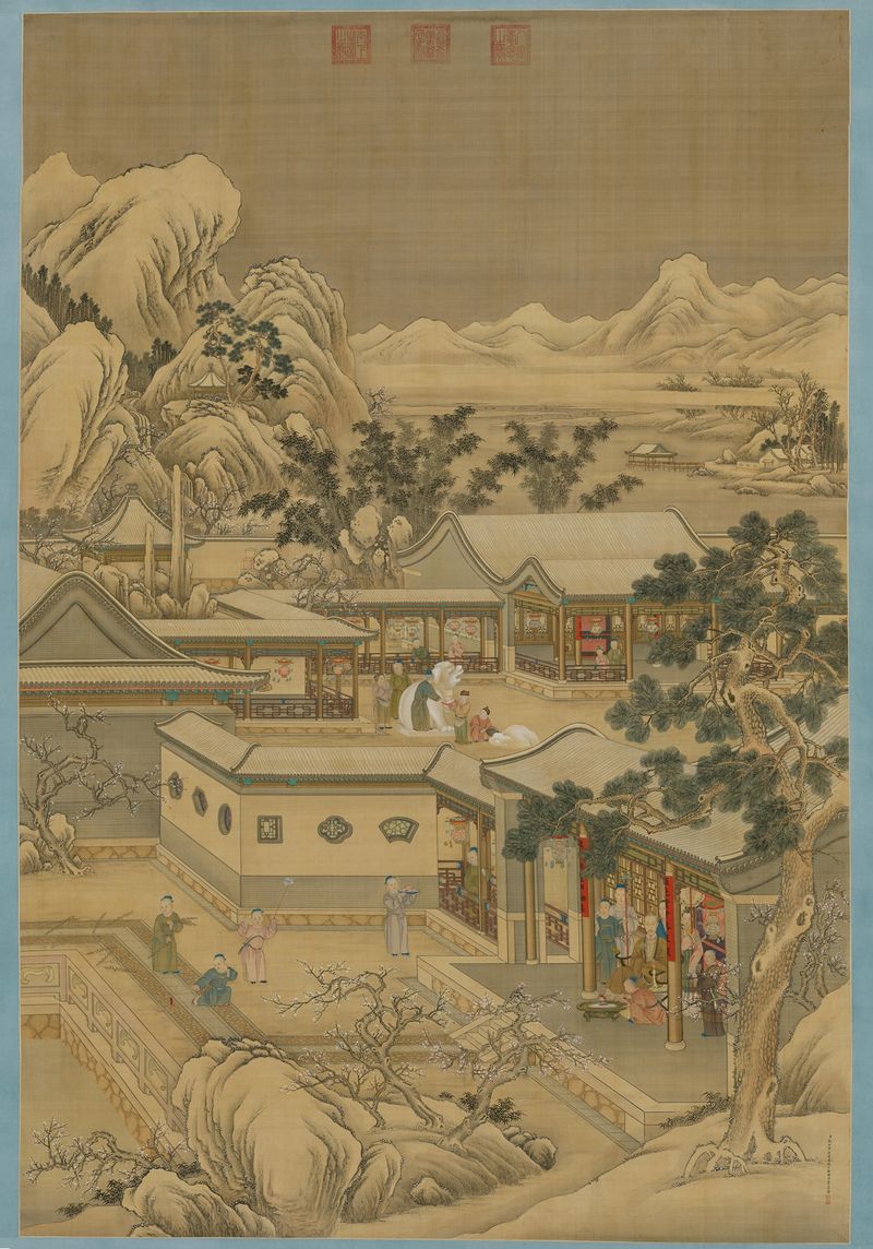 Historical scene of Emperor Qianlong in resplendent robes, silk details, by Giuseppe Castiglione