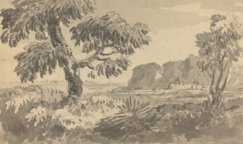 Paisaje con Dos Árboles y Acantilado de William Gilpin, pintura al óleo que representa árboles y un acantilado