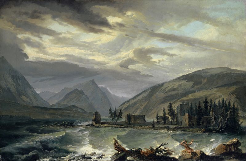 Tempest over the Lake of Thun, pintura a óleo de Caspar Wolf, retratando águas tempestuosas e montanhas.