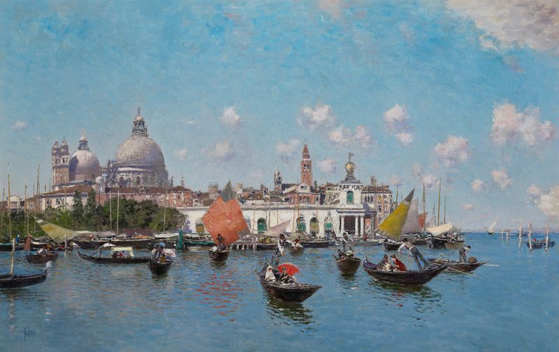 A Dogana, Veneza de Martin Rico y Ortega, pintura a óleo que retrata o Grande Canal ao crepúsculo.