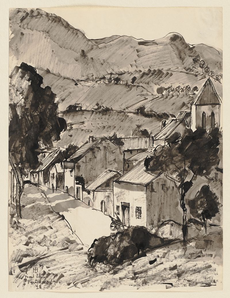 Mont-Louis by Hermann Lismann, depicting a village against mountains, medium unknown.