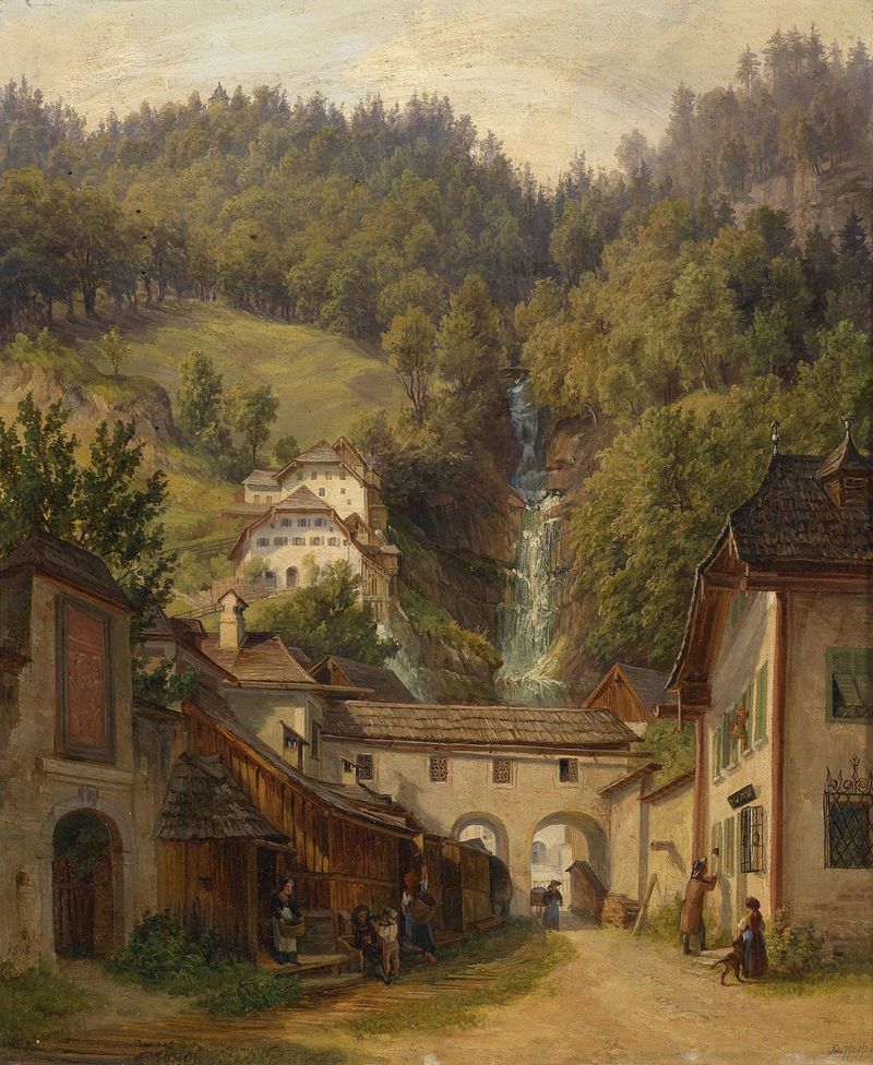 Oil painting of a serene Hallstatt landscape by Anton Schiffer