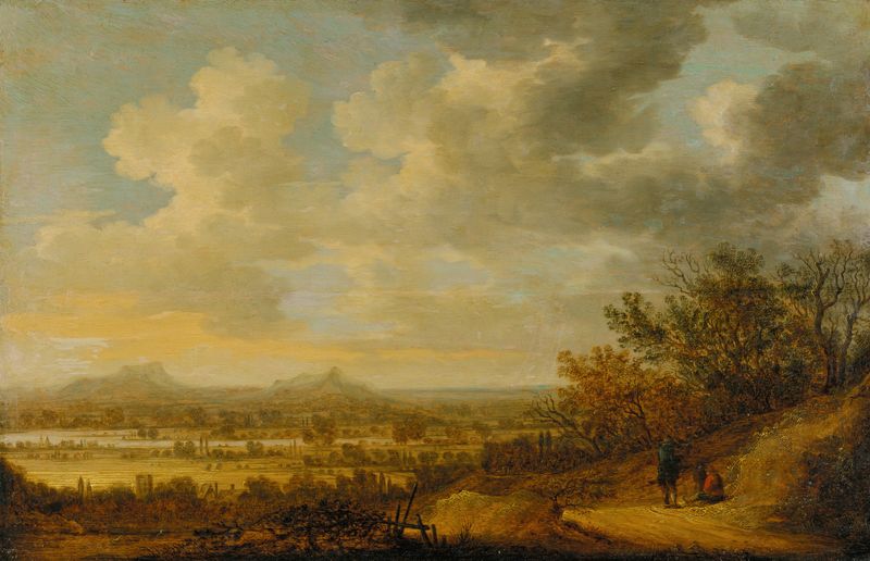 River landscape in the evening with resting wanderers, oil painting by Johan Pietersz. Schoeff