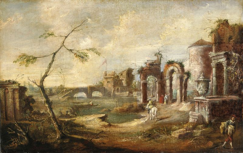 Veduta Fantastica Con Rovine de Bartolomeo Pedon, óleo que representa ruinas vibrantes y caos.