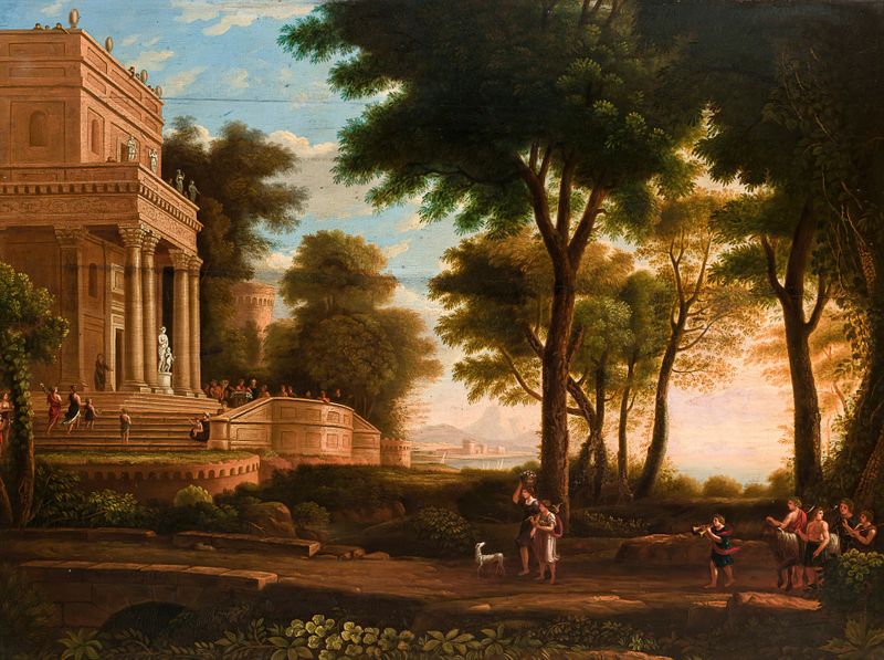 Landscape with a Classical Structure by Jan Wolański, oil painting depicting serene natural elements and classical architecture.