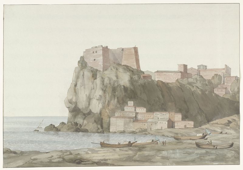 Rots en stad Scilla in de regio Calabrië aan de westkust, watercolor on paper by Abraham-Louis-Rodolphe Ducros
