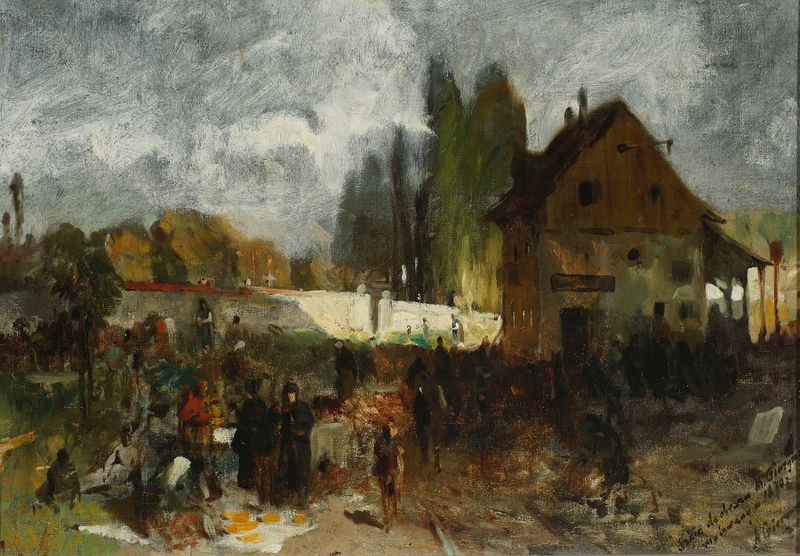 Esboço a lápis de Maksymilian Gierymski mostrando um cemitério com lápides e luz suave.