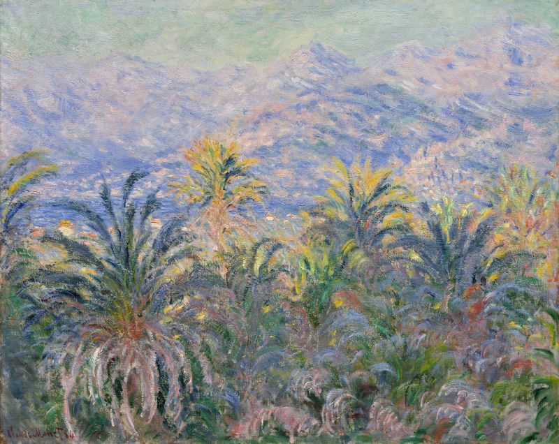 Palm Trees at Bordighera de Claude Monet, pintura al óleo que muestra palmeras y un cielo vibrante.