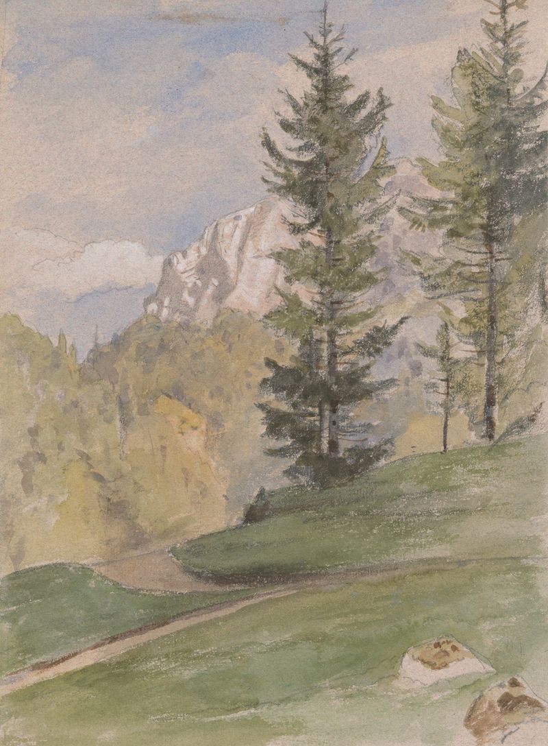 Mountain landscape with coniferous trees by Jan Nowopacký, oil painting