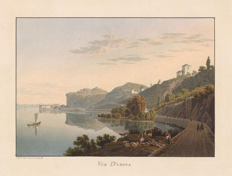 Vue D’Arona de Gabriel Lory el Joven, óleo sobre lienzo que representa un lago con montañas y luz solar.