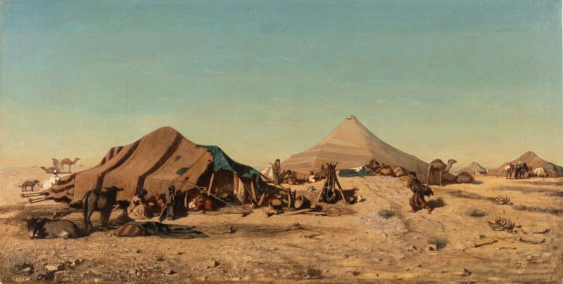 Halt in the Desert de Eugène Fromentin, pintura al óleo de un hombre en un vasto desierto.