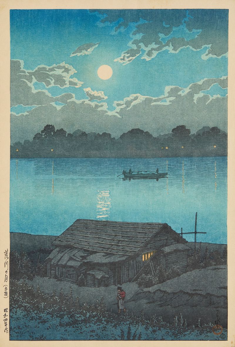 Ukiyo-e de Kawase Hasui que muestra la luz de la luna en el río Arakawa