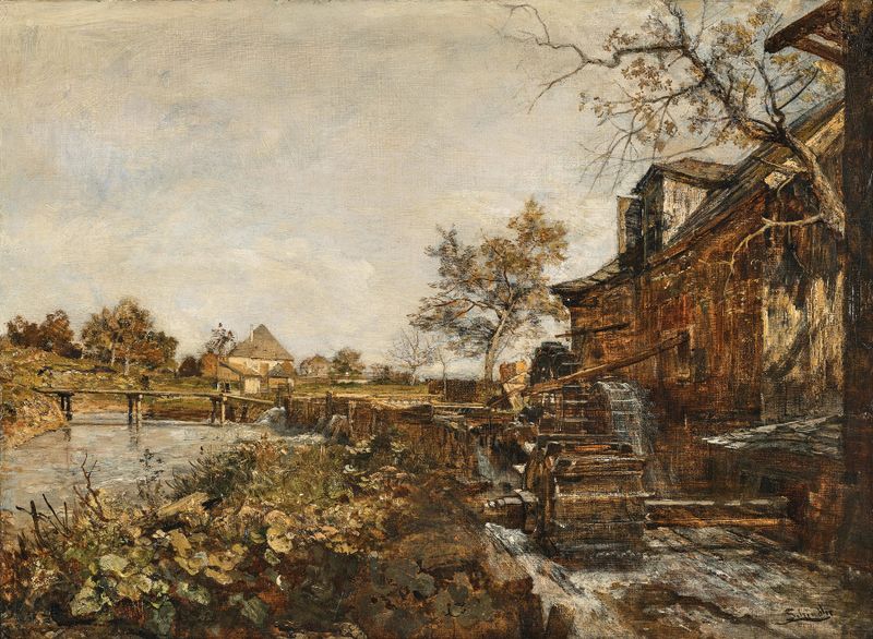Paisaje con un arroyo y un bosque, pintura al óleo de Emil Jakob Schindler