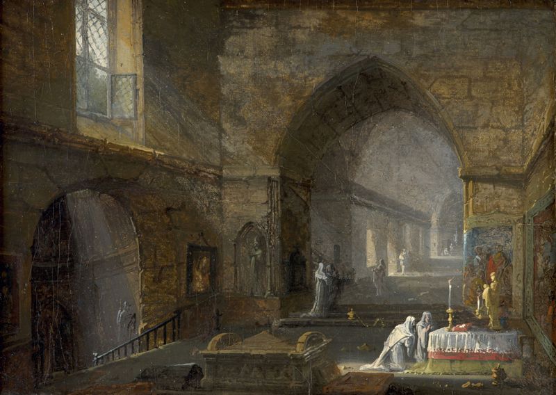 Interior of a church with people praying, oil on canvas by Giuseppe Bernardino Bison