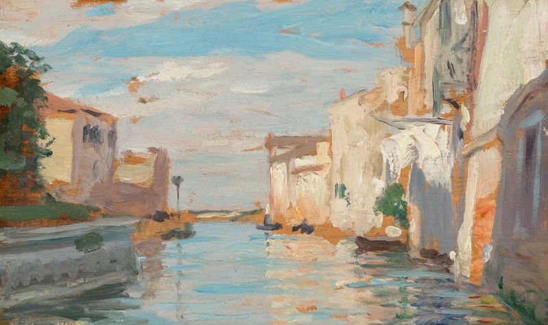 View of Venice, oil on canvas by Carolus-Duran, depicting canals and rooftops at sunset.