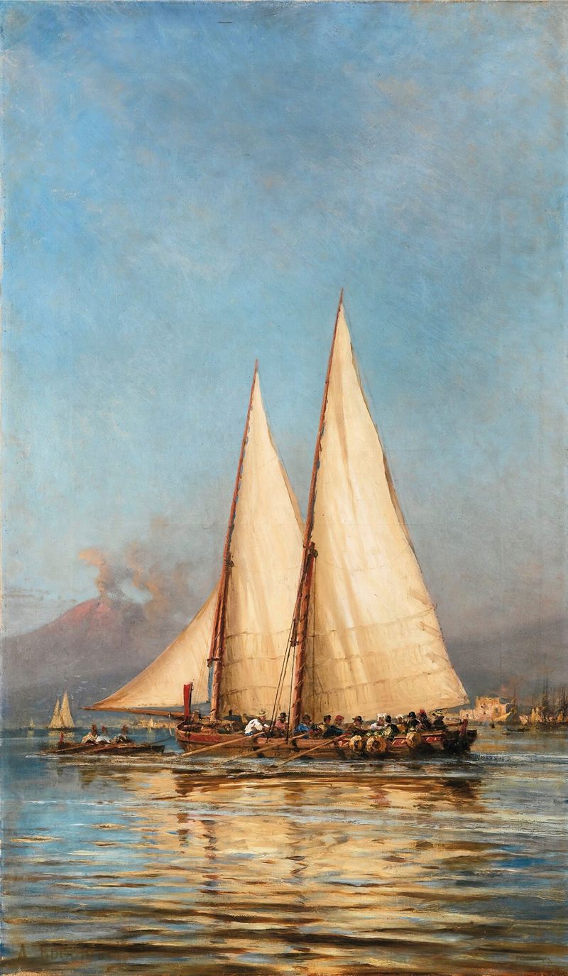 Marine scene with tranquil waters and boats by Alexey Petrovich Bogolyubov, oil painting