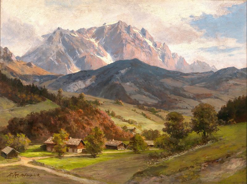 Landscape of Hochkönig with river reflections, oil painting by Franz Kulstrunk