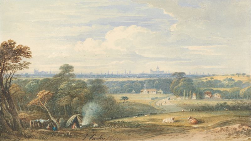 Paisaje de Londres con el Támesis al atardecer por John Varley, pintura al óleo