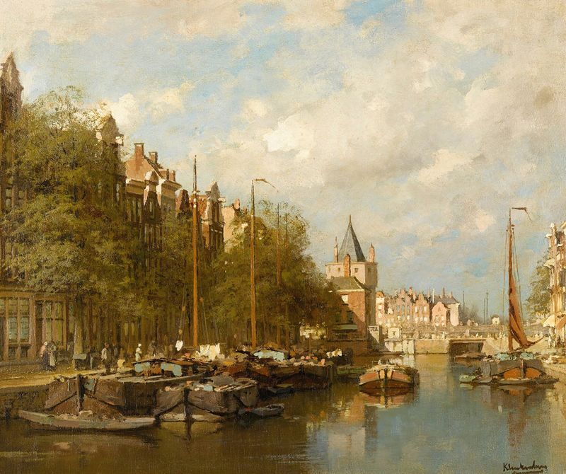 The Schreierstoren, Amsterdam by Johannes Christiaan Karel Klinkenberg, oil painting depicting a canal and architecture.