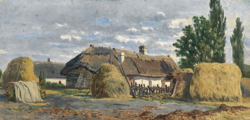 Ungarische Bauernhäuser de Theodor Von Hörmann, realismo, que representa casas rústicas en un paisaje sereno