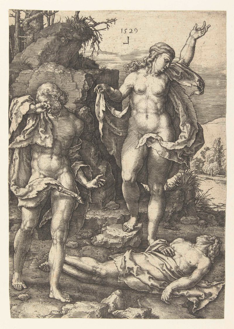 Gravura de Lucas van Leyden mostrando Adão e Eva lamentando seu filho Abel