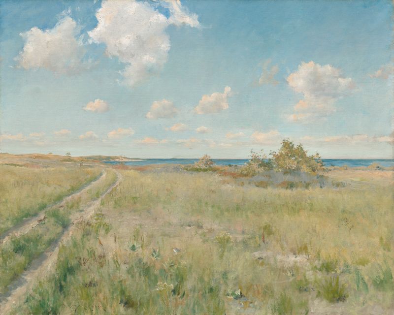 Pintura paisagística a óleo de William Merritt Chase mostrando um caminho que leva ao mar.