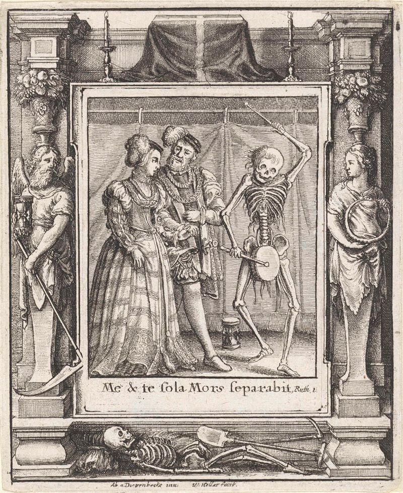 Grabado de Wenceslaus Hollar que representa a una novia y un novio con temas de mortalidad