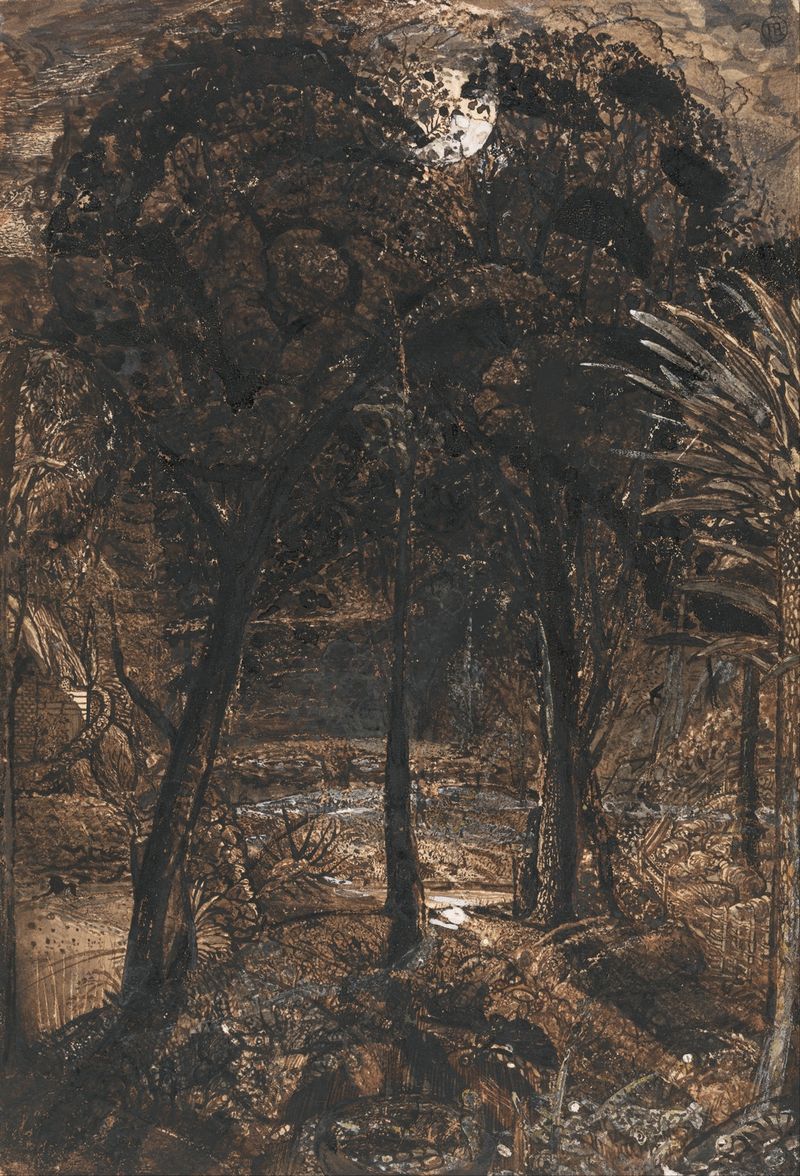 A Moonlit Scene with a Winding River, óleo sobre lienzo de Samuel Palmer