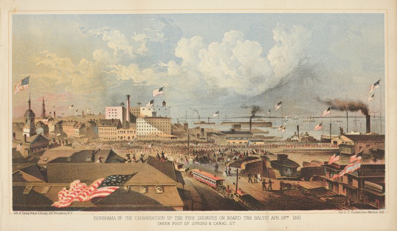 Lithograph by Sarony, Major & Knapp depicting soldiers preparing to embark in 1861