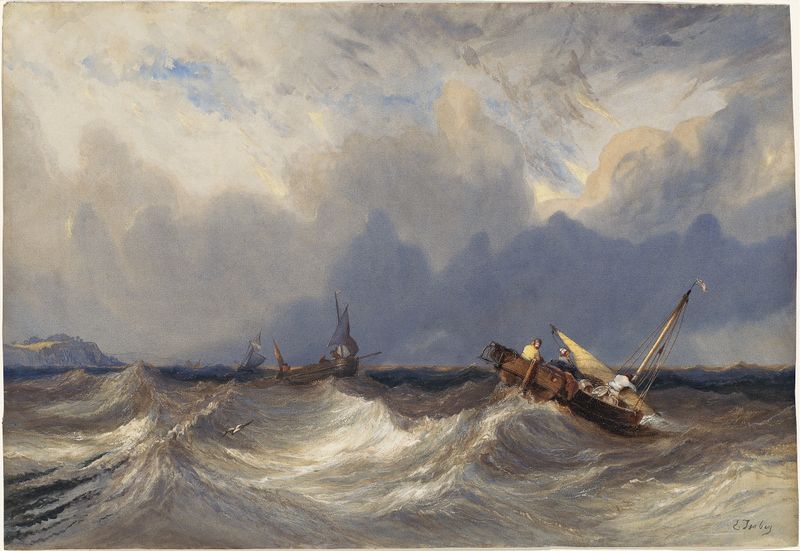 Fishing Boats Tossed before a Storm, oil on canvas by Eugène Isabey, depicting turbulent sea and boats.