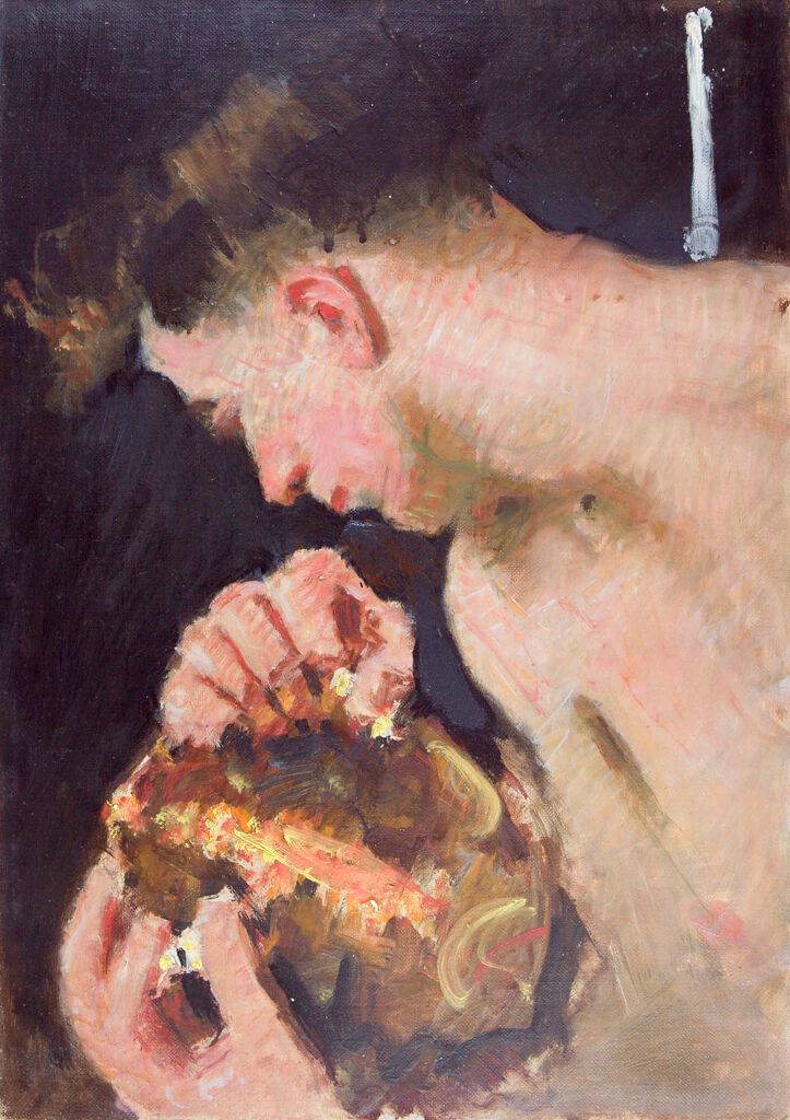 Retrato de um jovem segurando uma panela de latão, pintura a óleo de Denman Waldo Ross