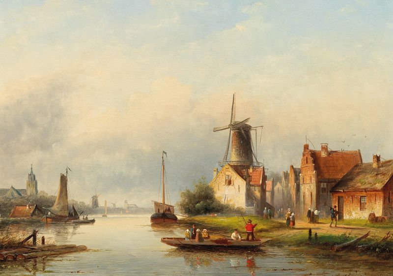 Fishermen on a canal, oil painting by Jan Jacob Coenraad Spohler